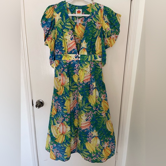 Farm Rio Midi Dress Star Fruit print w Puff Sleeves. Size Medium. - Picture 10 of 10